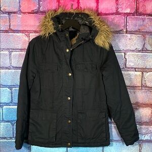 Miss London Faux Fur Hooded Parka Jacket Quilted - Small Black